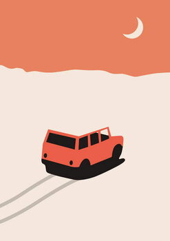 Canvas Print Red Car in Desert with moon