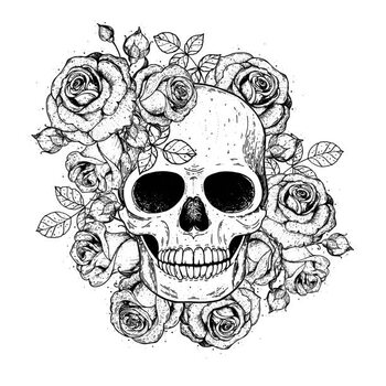 T-paita Skull and flowers hand drawn illustration.