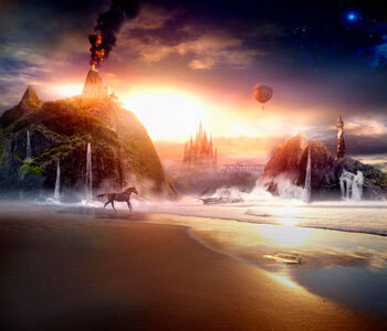 Autocolante Sun rising over dramatic landscape