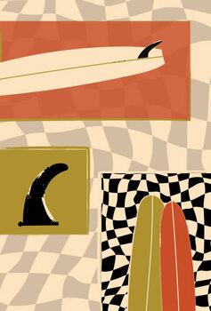 Αυτοκόλλητο Surfboard fin and Longboard on checkers