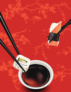 Sticker Sushi Template Or Background With Sakura