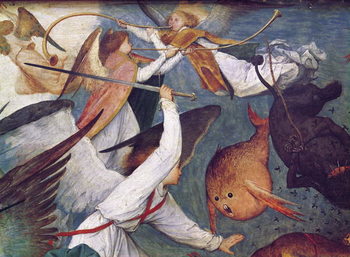 Tela The Fall of the Rebel Angels, detail of angels fighting and playing music