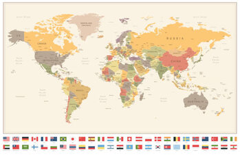 Quadro em tela World Map and Most Popular Flags
