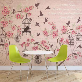 Birds Cherry Blossom Pink Wallpaper Mural