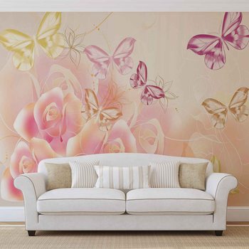 Butterflies Flowers Roses Wallpaper Mural