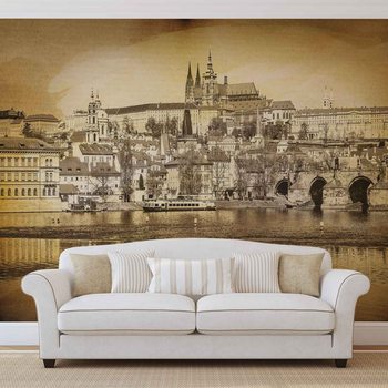 City Prague Bridge Cathedral River Sepia Wallpaper Mural