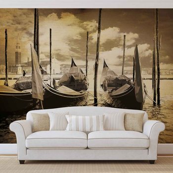 City Venice Gondolas Boats Sepia Wallpaper Mural