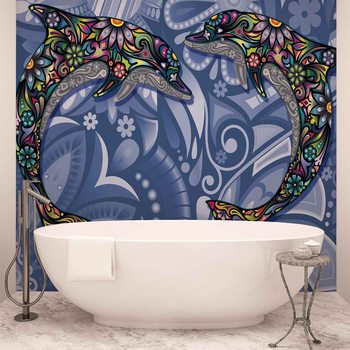 Dolphins Flowers Abstract Colours Wallpaper Mural