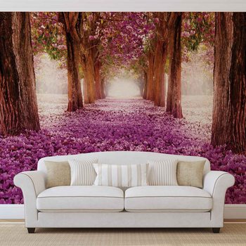 Flowers Tree Path Pink Wallpaper Mural