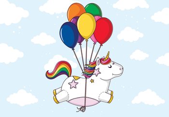 Flying Unicorn With Balloons Wallpaper Mural