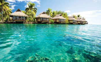Island Caribbean Sea Tropical Cottages Wallpaper Mural