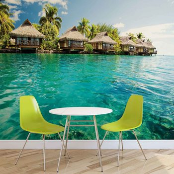 Island Caribbean Sea Tropical Cottages Wallpaper Mural