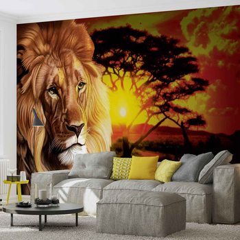 Lion Sunset Africa Nature Tree Wallpaper Mural