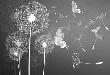 Modern Dandelions And Butterflies Grey And White Wallpaper Mural