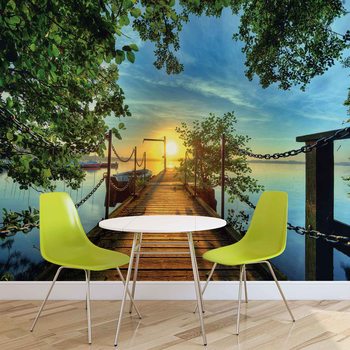 Path Pier Trees Boats Sunset Wallpaper Mural