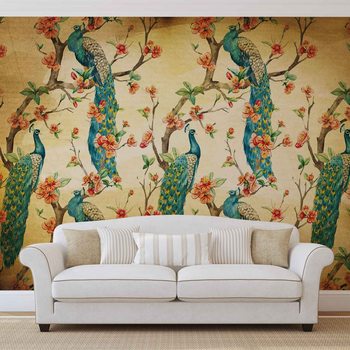 Pattern Peacocks Flowers Vintage Wallpaper Mural