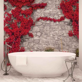 Red Flowers Stone Wall Wallpaper Mural