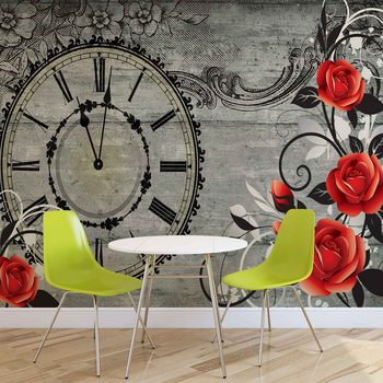 Roses Clock Wood Planks Vintage Wallpaper Mural