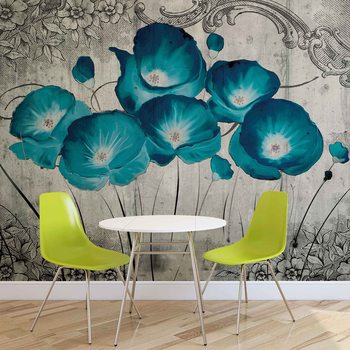 Vintage Flowers Blue Grey Wallpaper Mural