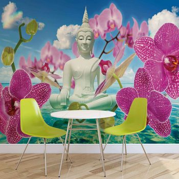 Zen Flowers Orchids Buddha Water Sky Wallpaper Mural