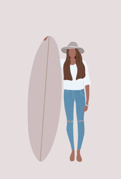 Αφίσα Flat illustration of surfer girl holding