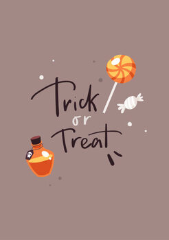 Αφίσα Halloween card with lettering Trick or Treat. Candies and bottle with poison.