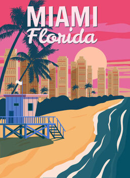 Αφίσα Miami Florida, City Skyline, Retro Poster.