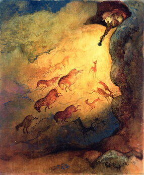 Εκτύπωση καμβά Mr Punch as a cave explorer giving the animals in Lascaux a fright, unpublished commission by 'Punch', 1968