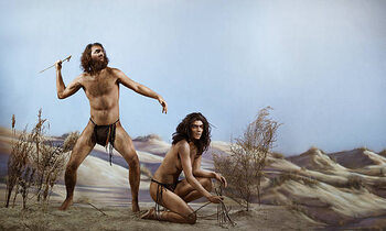 Αφίσα Prehistoric man next to  woman kneeling