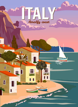 Αφίσα Retro Poster Italy, mediterranean romantic landscape,