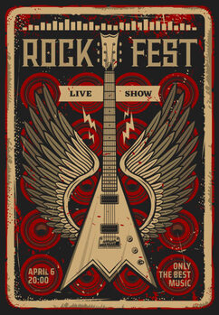 Εκτύπωση καμβά Rock guitar retro poster, music festival concert