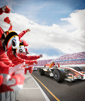 Плакат Pit crew cheers for winning driver