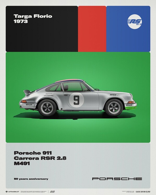 Εκτύπωση τέχνης Porsche 911 Carrera RS 2.8 - 50th Anniversary - Targa Florio - 1973