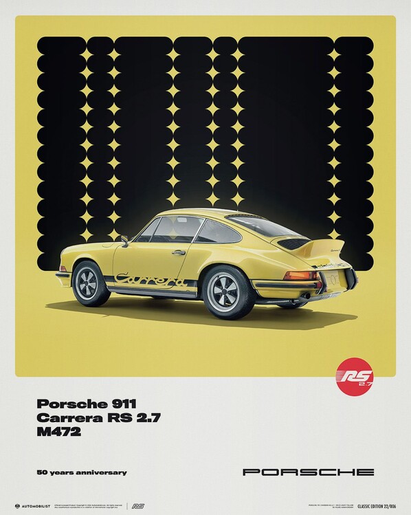 Εκτύπωση τέχνης Porsche 911 Carrera RS 2.7 - 50th Anniversary - 1973 - Yellow