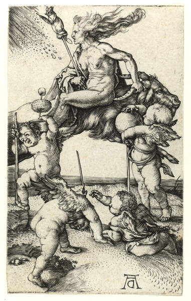 Плакат Witch riding backwards on a goat, c.1505