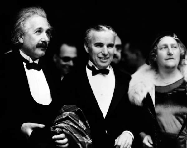 Наклейка Albert Einstein and his wife Elsa with Charlie Chaplin