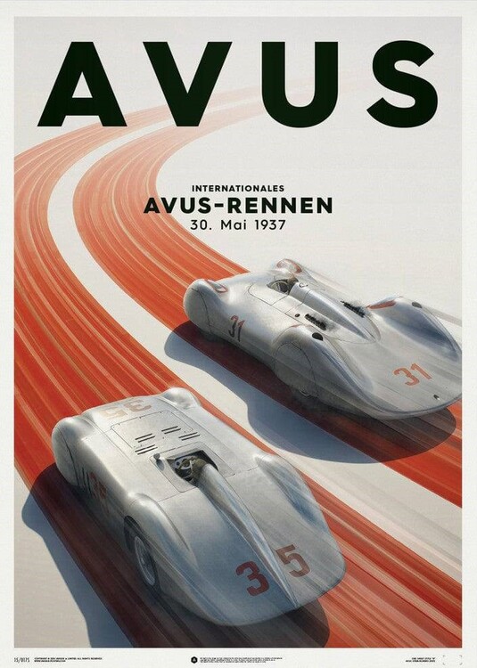 Εκτύπωση τέχνης Mercedes Benz & Auto Union - Silver - Avus - 1937 - Poster