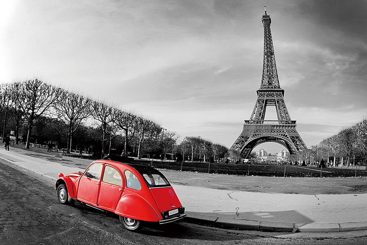 Картина у склі Paris - Red Car b&w