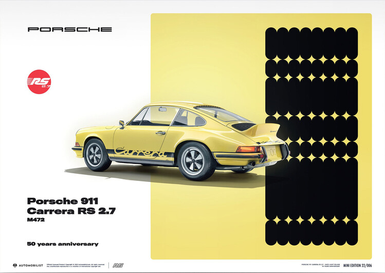Εκτύπωση τέχνης Porsche 911 Carrera RS 2.7 - 50th Anniversary - 1973 - Yellow