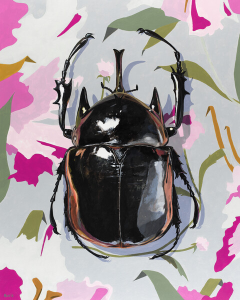 Плакат Rhino Beetle on Blue Floral, c.2024