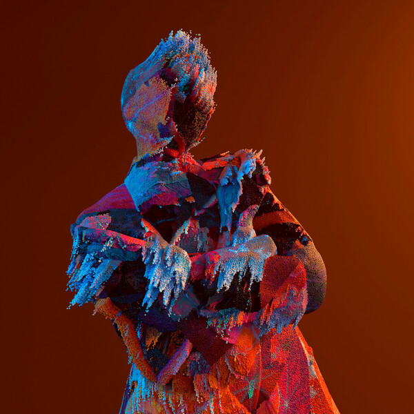 Плакат Colorful Particle Figure Formation on Reddish Background, c.2015-2025