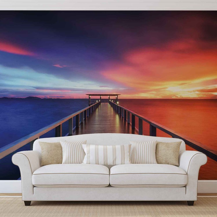 Path Bridge Sun Sunset Multicolour Wallpaper Mural