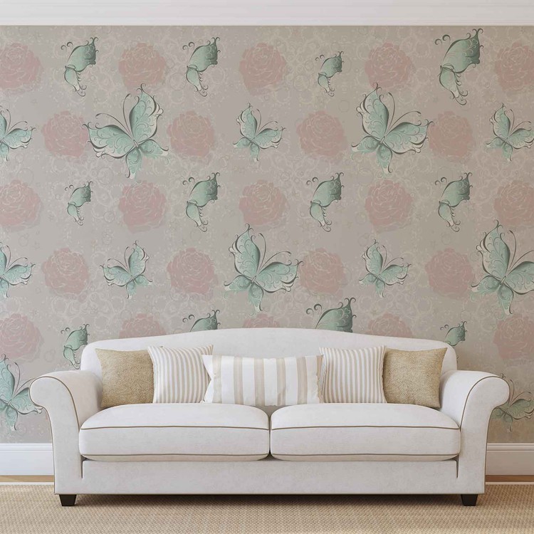 Wall Mural Butterlies and Roses Pattern