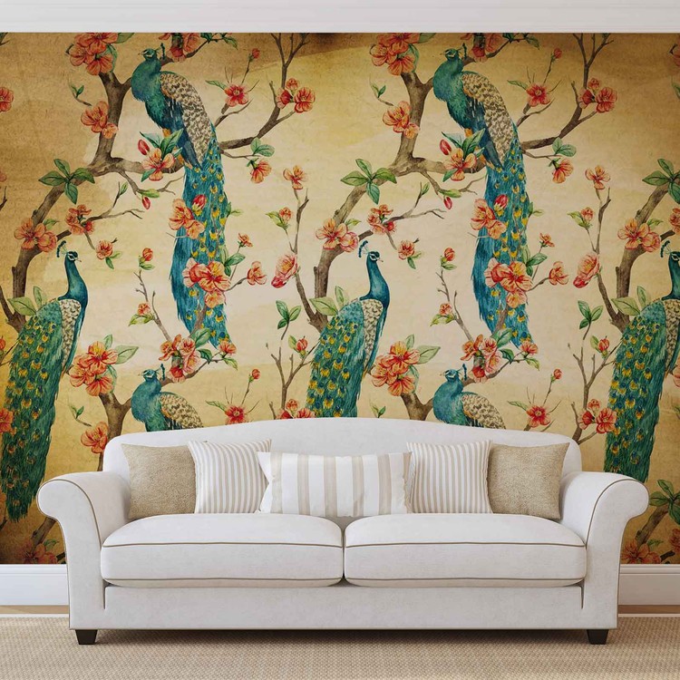 Wall Mural Pattern Peacocks Flowers Vintage