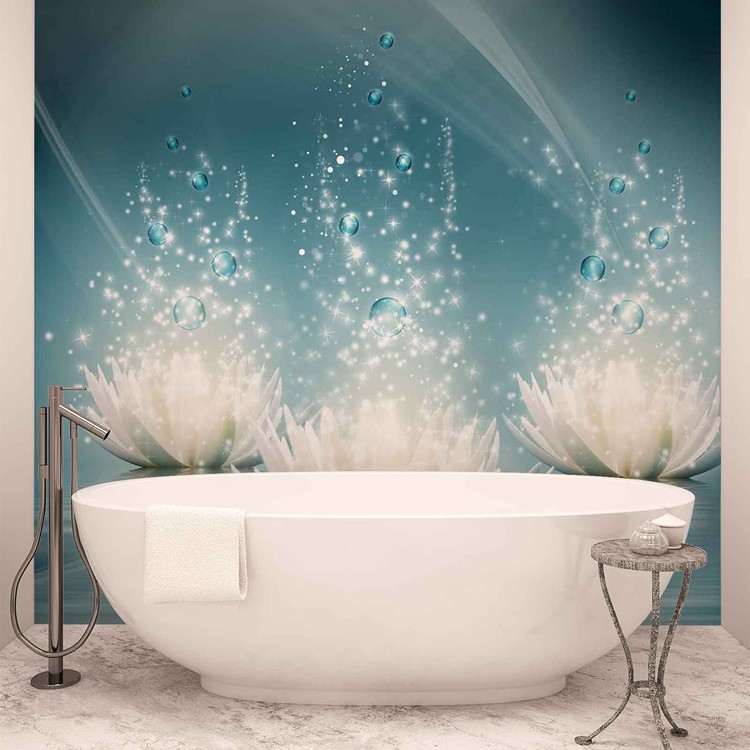 White Lotus Flowers Drops Wallpaper Mural