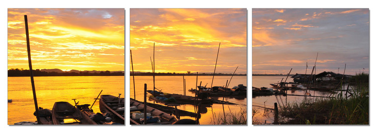 Sunset in the harbor boat Mounted Art Print