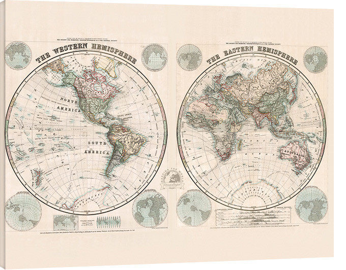 Canvas Print Stanfords Eastern and Western Hemispheres Map - 1877