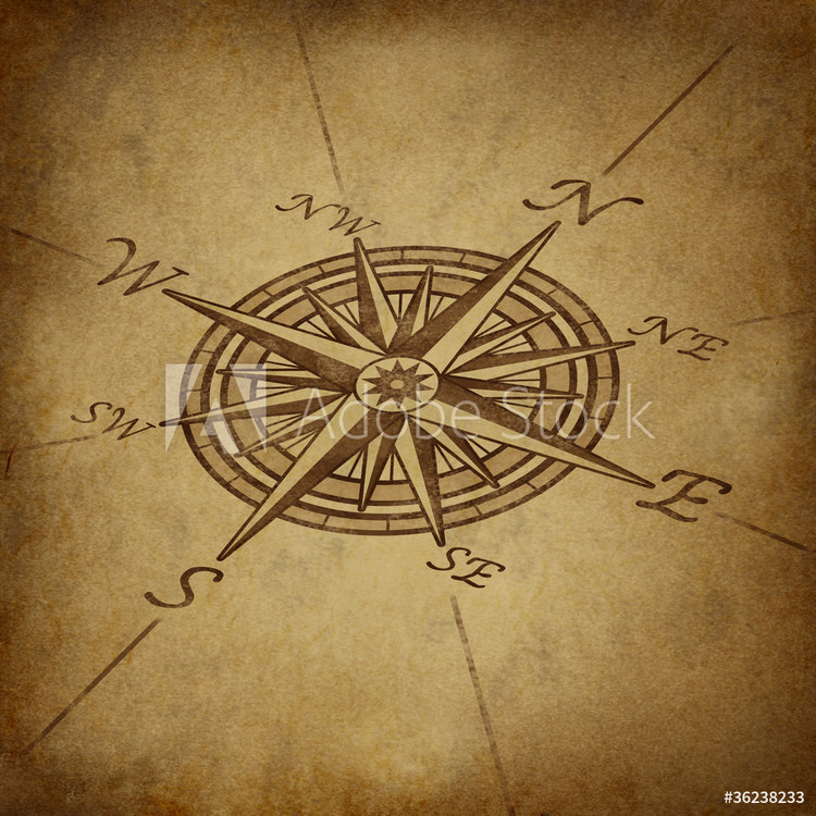 Pôster emoldurado Compass rose in perspective with grunge texture