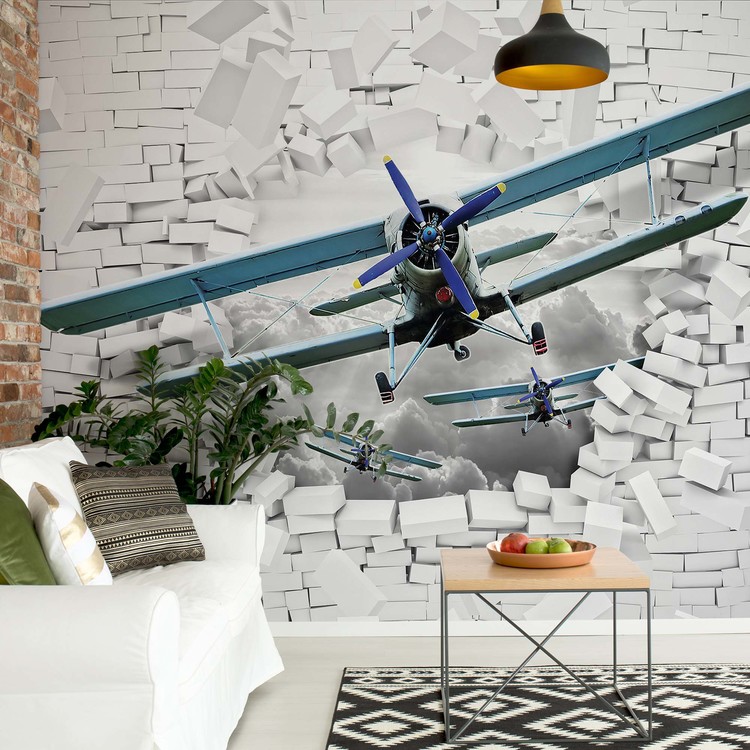 Ταπετσαρία 3D Plane Bursting Through Brick Wall