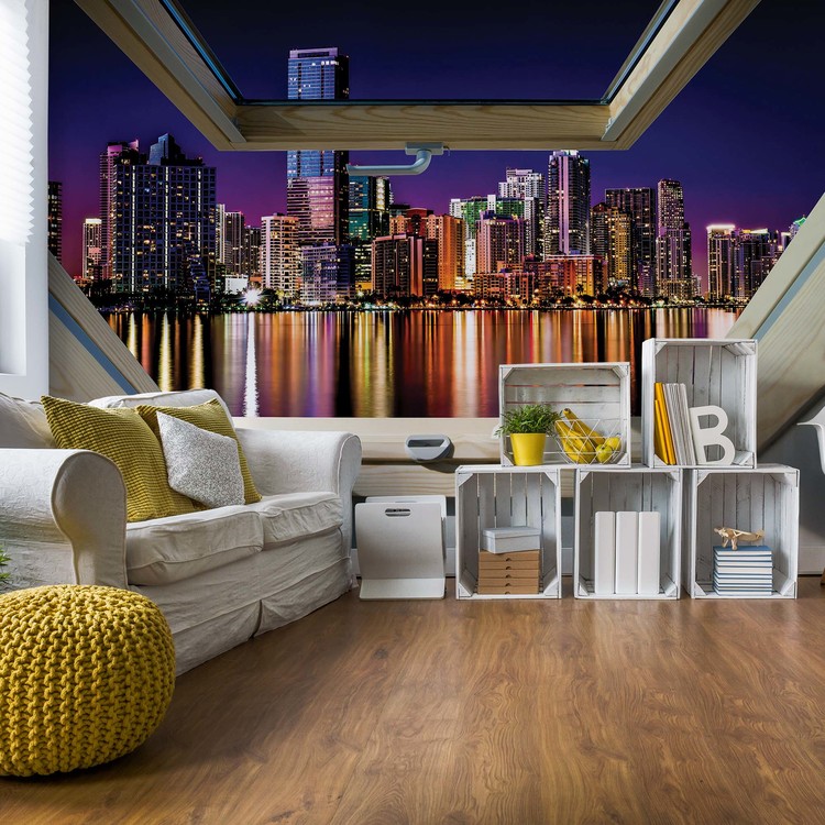 Фототапет City Skyline Night 3D Skylight Window View